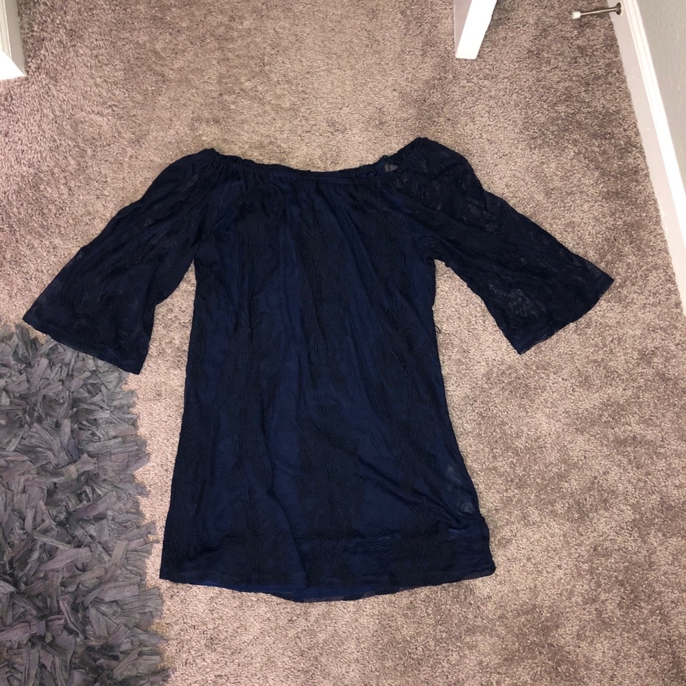 Off the shoulder navy lace dress